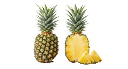 Vibrant whole and half pineapples, plus slices, with juicy yellow flesh and green crowns, on a transparent background with reflection, high angle studio shot. Concept of healthy tropical fruit