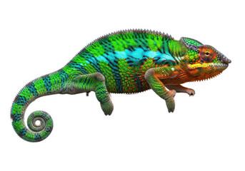 Obraz premium Adult Panther chameleon with vibrant iridescent scales, detailed texture, curled tail, on dark branch, transparent high-key studio background, no shadows, concept of exotic animal beauty