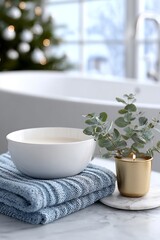 Minimalist luxury spa still life with white bowl, golden candle, eucalyptus leaves and soft towel in a festive bathroom interior