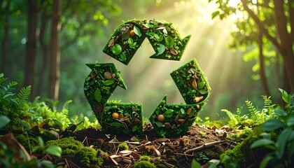 Leafy recycle symbol on forest floor, dappled sunlight filtering through the trees