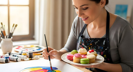 Woman Artist Painting Colorful Art While Enjoying Macarons, Surrounded by Paints and Brushes in a Bright Studio, Blending Creativity, Passion, and Sweet Moments in Artistic Expression

