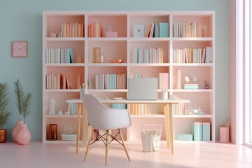 Home office interior designed for online meetings featuring stylish furniture and organized bookshelves in calming pastel colors during daylight