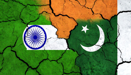 Side-by-side flags of Pakistan and India overlaid with cracked texture, symbolizing regional tension, historical conflict, and complex international relations.