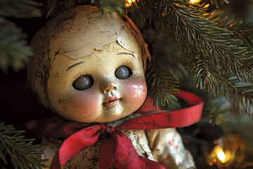 A vintage doll with a cracked face and red ribbon is nestled among evergreen branches. Concept of nostalgia and the passage of time. For holiday decorations.