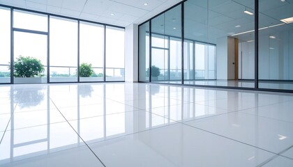 Fototapeta premium Modern office space with large windows and polished tiles reflecting natural light