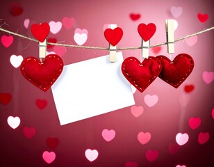 Red hearts and blank note on a string