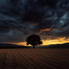 Lonely tree stands in a field under dramatic stormy clouds and a vibrant sunset. Concept of solitude and nature's beauty. For desktop wallpaper.