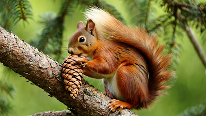 Red Squirrel Holding and Eating a Pine Cone While Perched on a Pine Tree Branch image photo