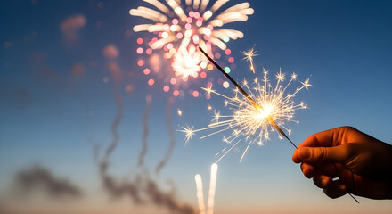 Hand Holding Sparkler with Fireworks in the Evening Sky, Capturing the Magic, Wonder, and Excitement of Celebratory Nights and Festive Gatherings Outdoors

