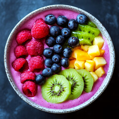 A vibrant bowl of smoothie topped with raspberries, blueberries, kiwi slices, and mango chunks on a dark surface. Concept of healthy, colorful superfood meal. For food blogs.
