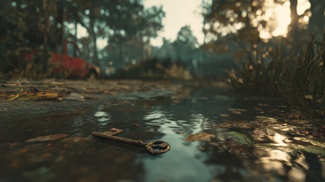 Rusty key in puddle outdoors
