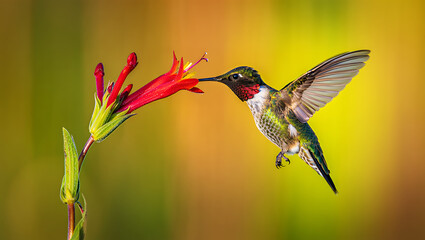 Ruby- Throated Hummingbird Sipping Nectar from a Red Tubular Flower in Soft Bokeh Light...