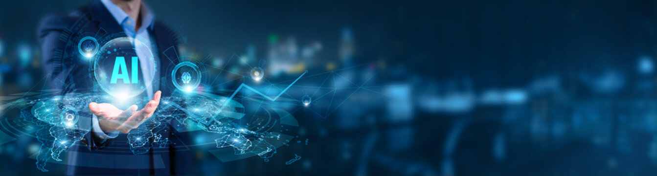 Businessman hand hold of AI and global networking. machine learning models, natural language processing platforms, deep learning automation, intelligent decision-making