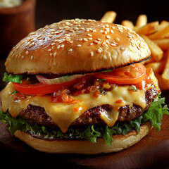 Juicy cheeseburger with lettuce and tomatoes on a wooden board, alongside crispy fries. Concept of delicious fast food. For food advertisements