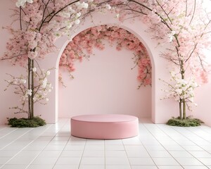 Elegant Pink Studio Backdrop with Floral Arch and Round Pedestal for Product Display