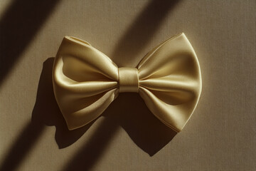 A golden bow tie lies on a textured surface with shadows. Concept of elegance and style. For fashion design.