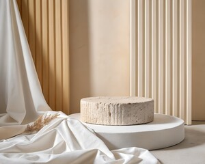 Minimalist Product Display with Textured Round Platform and Neutral Toned Background