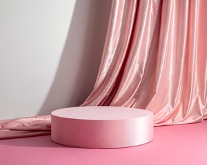 Pink podium stage with draped fabric backdrop for product display and presentation