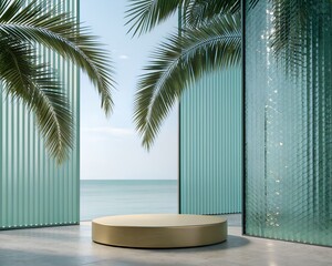 Minimalist Podium with Palm Trees and Ocean View for Product Presentation