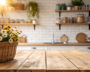 Rustic Kitchen with Wooden Table and Flower Basket in a Bright Sunny Setting