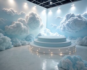 Dreamy Cloudscape Stage with Lit Platform for Product Display or Presentation