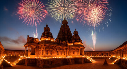 Temple Illuminated by Rows of Diyas and Bursting Fireworks, Celebrating a Vibrant Festival Night with Spiritual Grandeur, Culture, and Joyful Community Gathering

