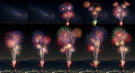 Spectacular Fireworks Display Over City Skyline: Multiple Bursts of Colorful Light Illuminate the Night, Capturing the Spirit of Celebration and Awe

