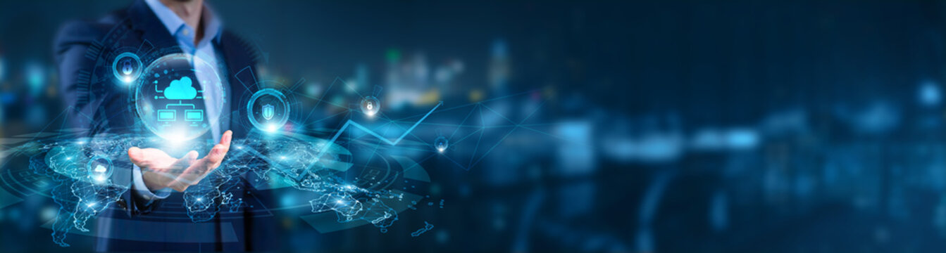 Businessman hand hold of Cloud Computing and global networking. scalable infrastructure, hybrid cloud solutions, SaaS platforms, enterprise data storage, AI-driven digital transformation.