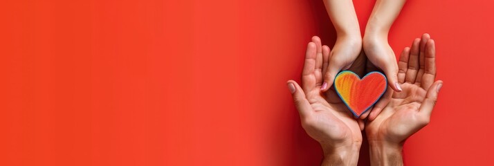 Celebrating international volunteers day with helping hands holding heart symbol. International day of charity. Horizontal banner. Copy space. Free space for text