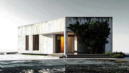 Modern concrete house with sparse vegetation, wet foreground on cloudy, bright day