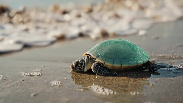 Tiny Sea Glass Turtle Glimmering on a Wet Beach