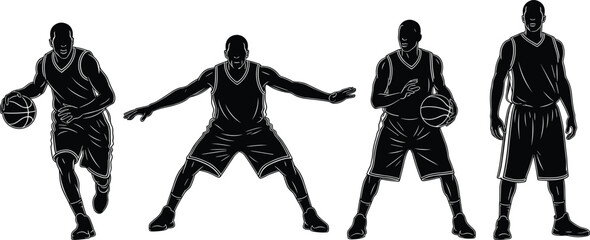 Basketball player silhouettes in action poses, black vector illustration showing dribbling, defense, readiness, and athletic stance for sports themes