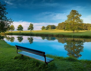 Beautiful view of the meadow and stunning trees reflected in the blue water and a bench. is calling to be quiet 