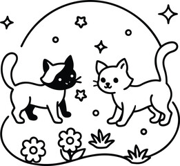 cute puppies and kittens playing in magical garden illustration on transparent background
