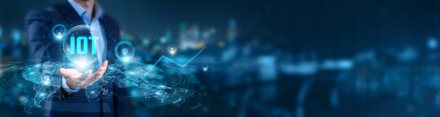 Businessman hand hold of IoT and global networking. connected device platforms, real-time monitoring systems, smart infrastructure solutions, industrial IoT automation, AI-powered sensor networks.