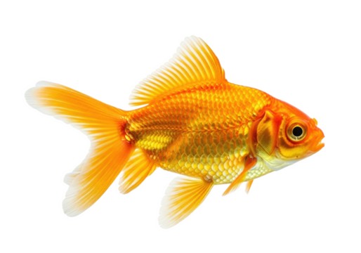 Vibrant orange goldfish with reflective scales and yellow fins in a serene mid-swim pose, isolated on a transparent studio background with copy space, clean product photography concept