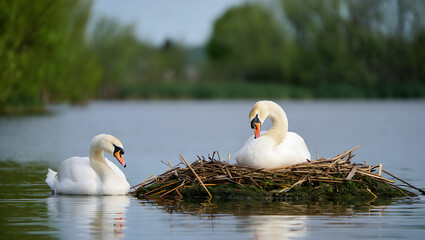 Two white swans resting on a nest in calm water with green trees in the background waterfowl bird © syful