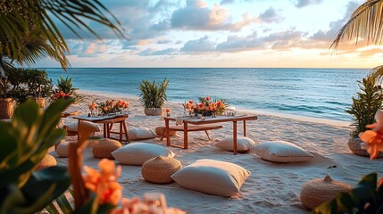 Romantic beach dining setup with sunset glow and ocean view