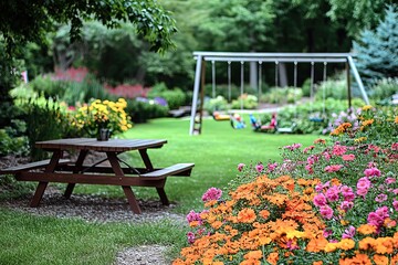 Vibrant garden oasis with picnic table and swings invites outdoor relaxation