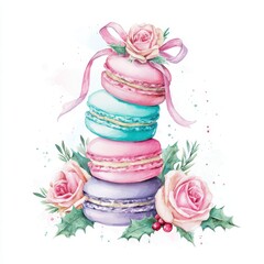 Illustration of stacked pastel macarons with roses in a whimsical, festive style