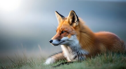 Red fox resting in a field, its fur glowing in the soft morning light