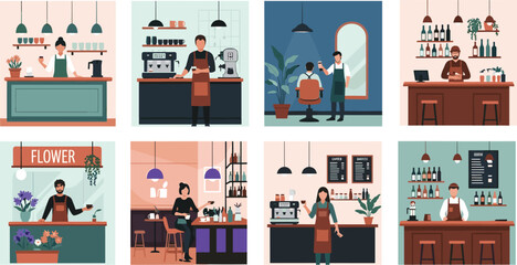 Indoor service scene collage with barista, florist, hairdresser, bartender, café customers, shop counters, commercial interiors, character interaction moments