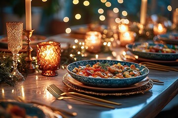 Elegant dinner party setting with warm candlelight and delicious gourmet food