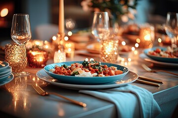 Elegant dinner party setting with glowing candles and delicious food ready to serve