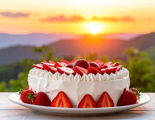 Strawberry cake at sunset over mountains
