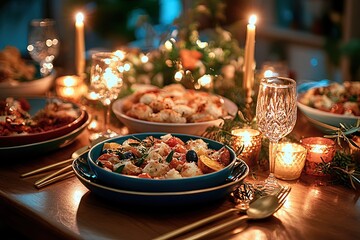 Elegant dinner party setting with warm candlelight and delicious gourmet food
