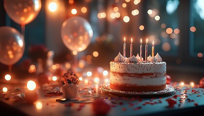 Celebrate joyfully with a beautifully decorated birthday cake and festive balloons