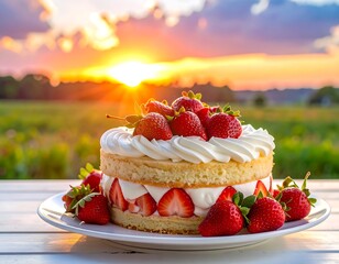 Strawberry cake at sunset