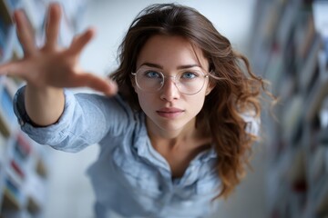 Woman reaching for knowledge in a library while pursuing personal growth and adult education during daylight hours