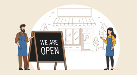 Small business storefront with “We Are Open” sign, welcoming characters, striped awning, blank signage, trees, community retail announcement scene